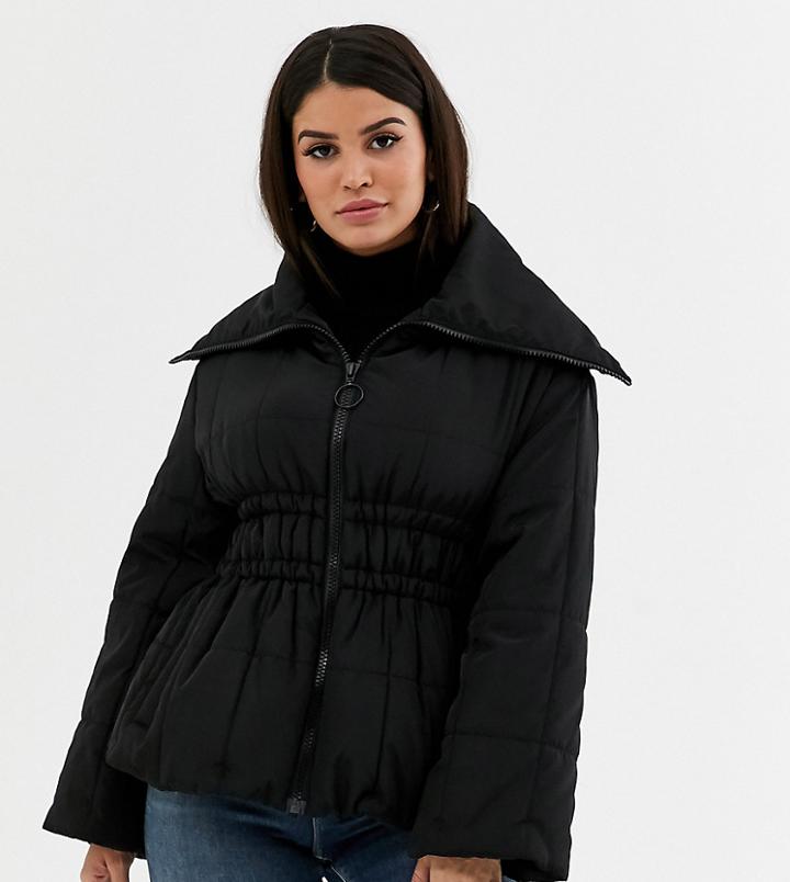 Asos Design Petite Ruched Waist Puffer Jacket In Black - Black