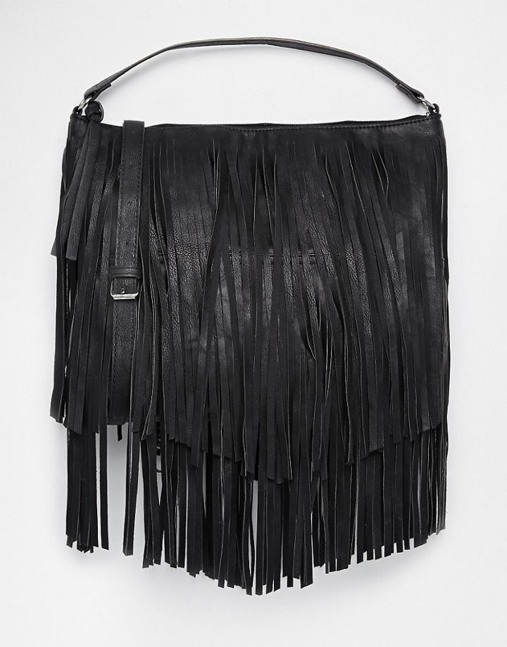 Pieces Fringed Shoulder Bag - Black