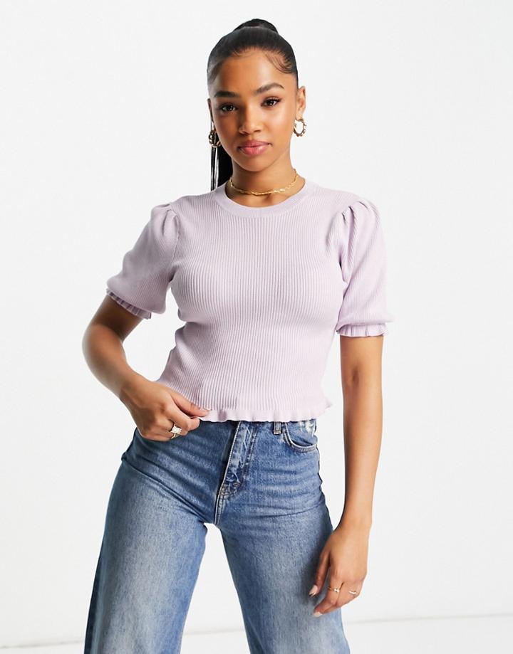 Miss Selfridge Rib Short Sleeve Tie Back Ruffle Hem Top In Lilac-purple