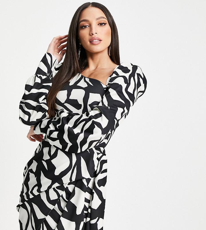 Asos Design Tall Asymmetric Long Sleeve Wrap Mini Dress In Zebra Print-multi