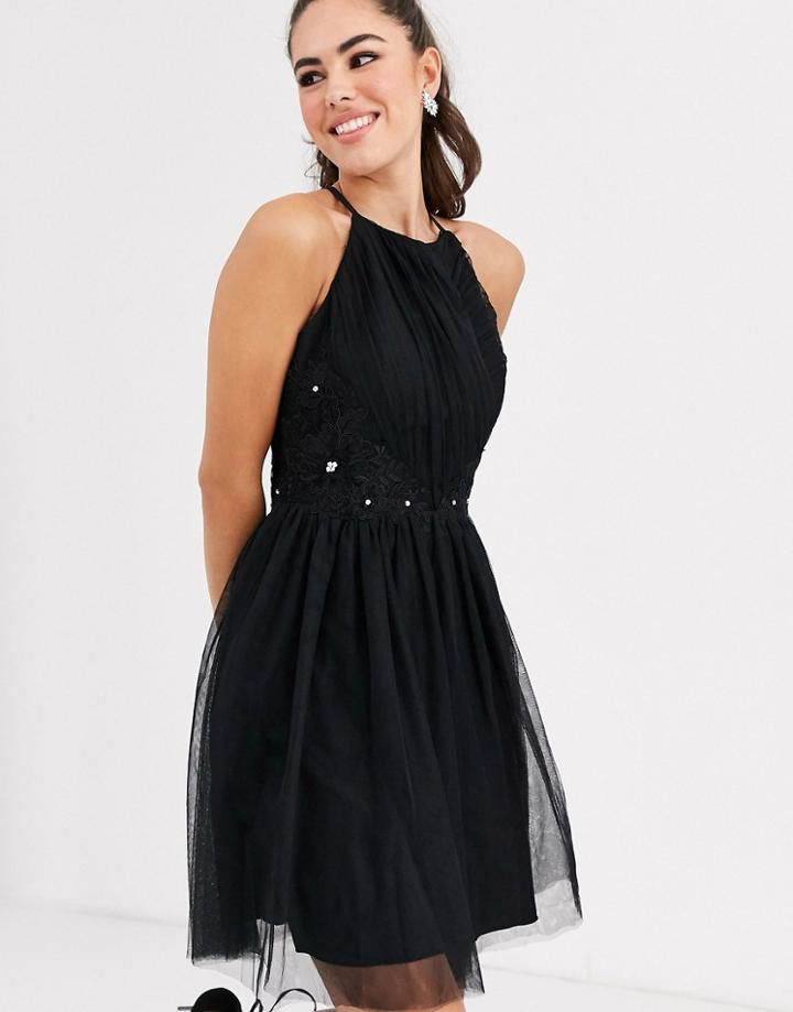 Little Mistress Square High Neck Skater Dress-black