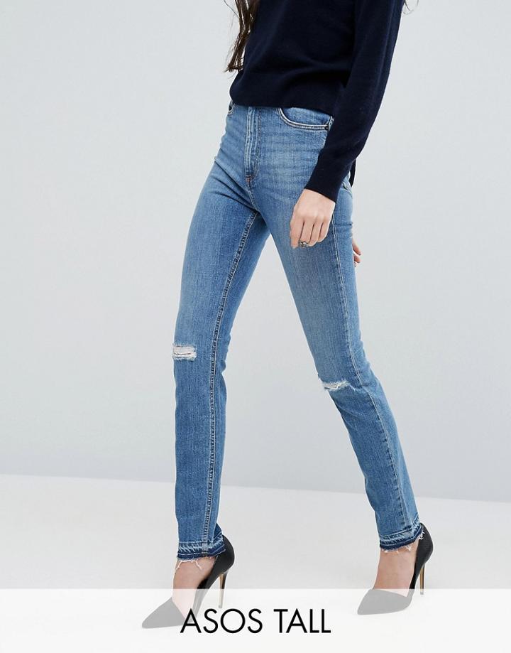 Asos Tall Farleigh Slim Mom Jeans In Hawthorn Mid Stonewash With Buste