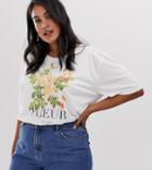 Neon Rose Plus Relaxed T-shirt With Fleur Graphic - Cream