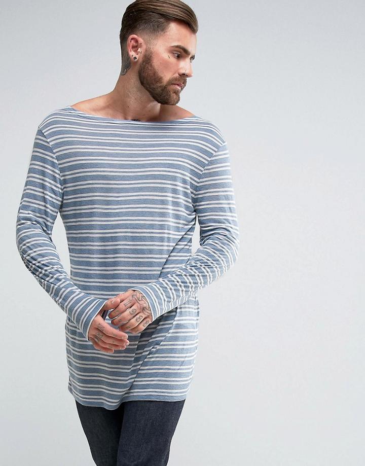 Asos Super Longline Long Sleeve T-shirt In Lightweight Stripe - Blue