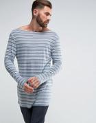 Asos Super Longline Long Sleeve T-shirt In Lightweight Stripe - Blue