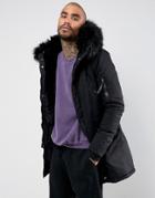 Sixth June Parka Coat In Black With Black Faux Fur Hood - Black