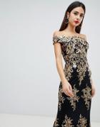 Goddiva Off Shoulder Bardot Placement Lace Maxi Dress In Black And Gold - Navy