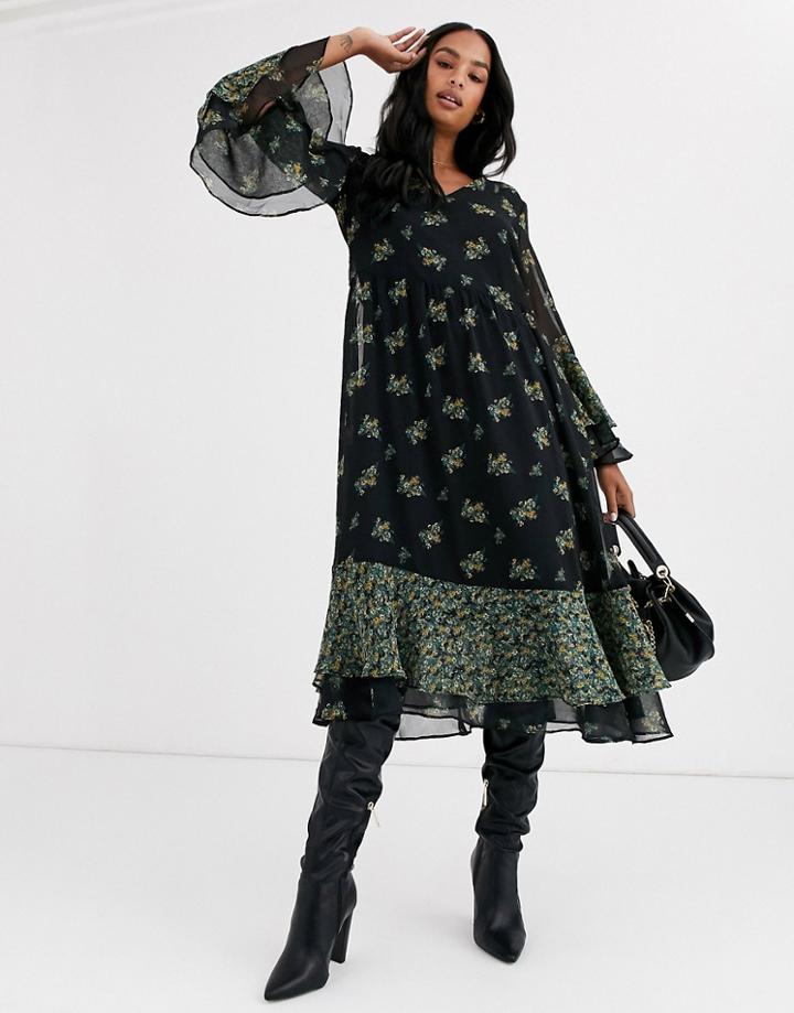 Y.a.s Floral Midi Dress With Volume Hem-black