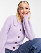 Influence Fluffy Knit Collared Cardigan In Lilac-purple