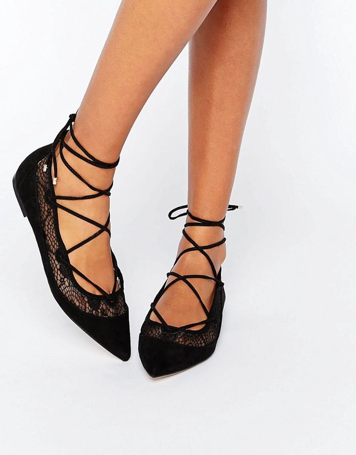 Asos Larae Pointed Lace Ballet Flats - Black