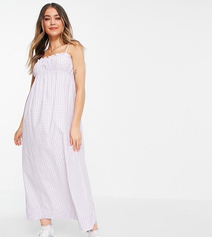 Stradivarius Strappy Shirred Midi Dress In Lilac Gingham-purple