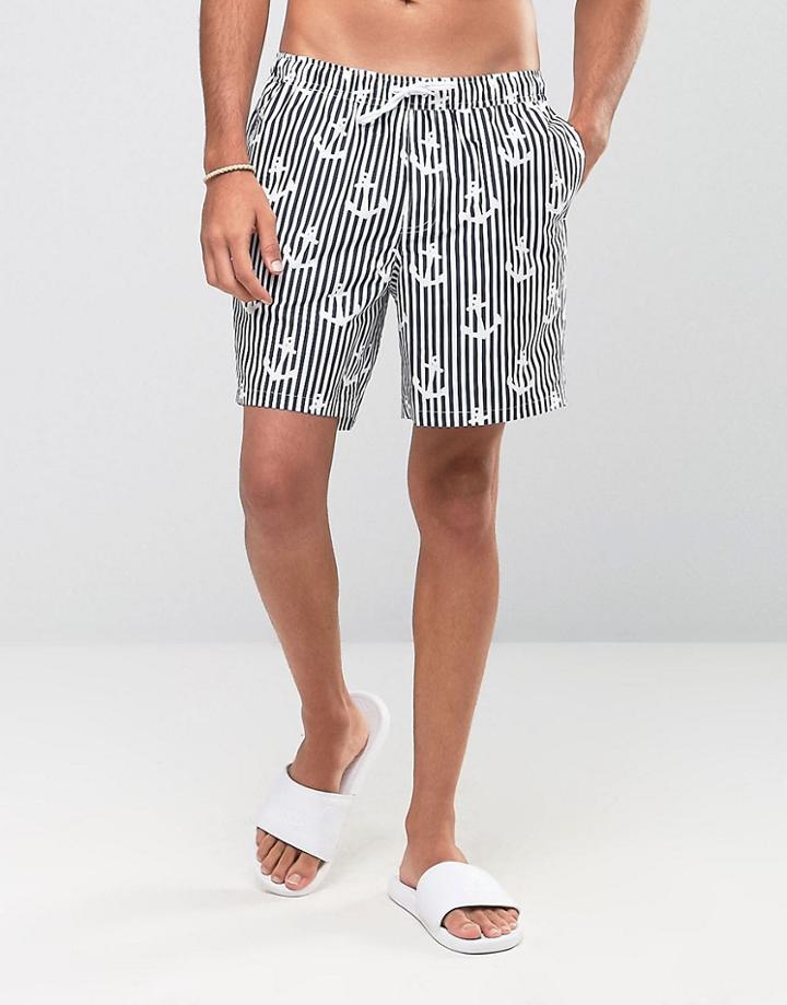 Asos Swim Shorts With Anchor Stripe In Mid Length - Blue
