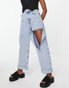 Topshop Oversized Recycled Cotton Blend Mom Jeans With Rip In Bleach-blue