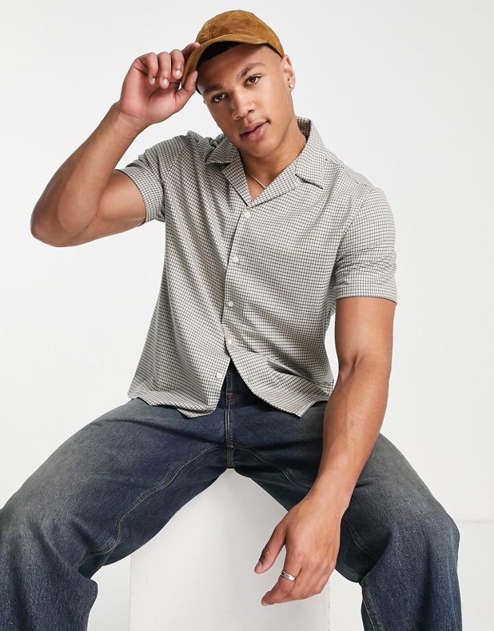 River Island Short Sleeve Micro Check Shirt In Brown