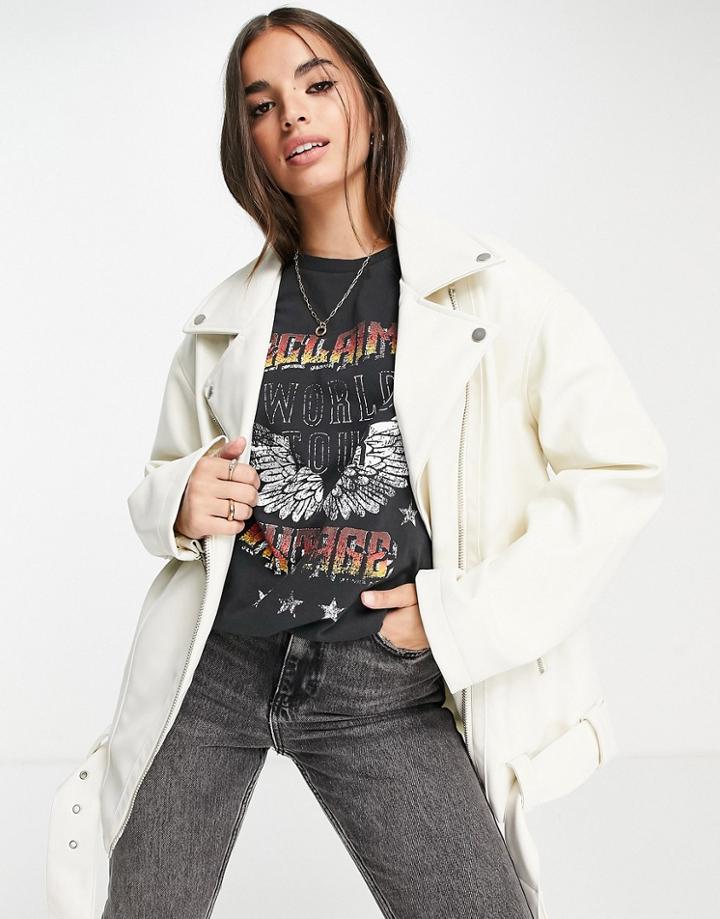 Asos Design Longline Oversized Faux Leather Biker Jacket In White-green