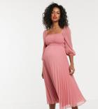 Asos Design Maternity Shirred Pleated Midi Dress-pink