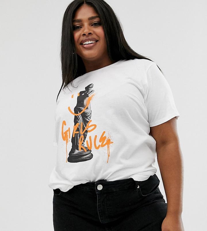 Asos Design Curve T-shirt With Statue And Girls Rule In Grafitti - White