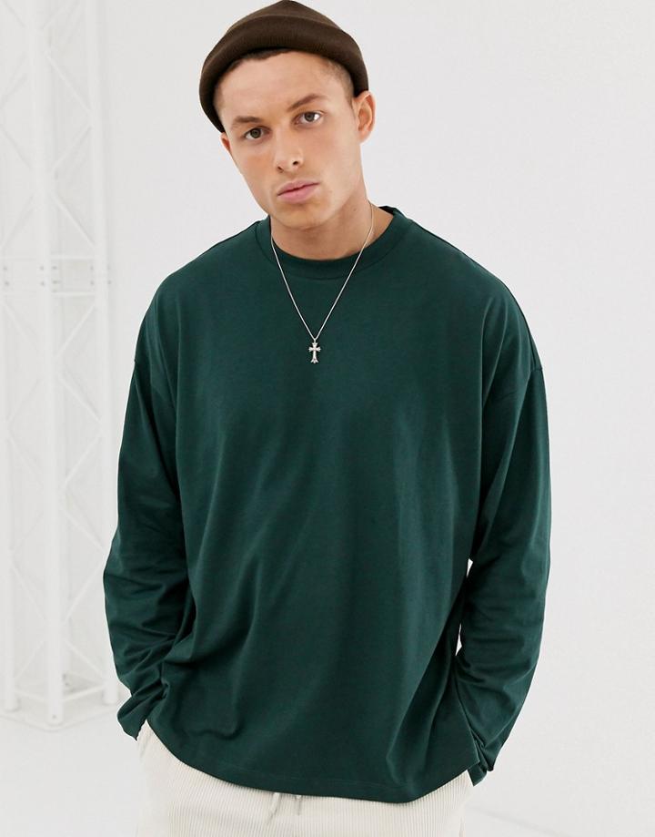 Asos Design Oversized Longline Long Sleeve T-shirt With Side Splits In Green