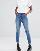 Liquor & Poker Slogan Embroidery Cropped High Rise Skinny Jeans - Blue