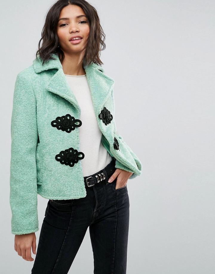 Asos Borg Coat With Frogging Detail - Green