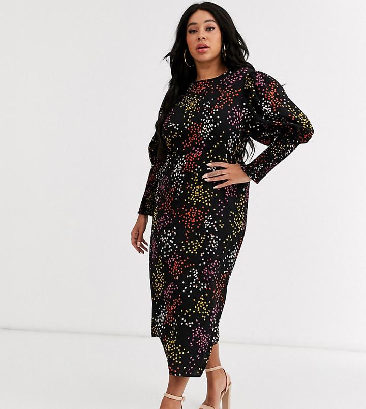 Never Fully Dressed Plus Long Shirred Sleeve Midi Dress In Contrast Black Polka Dot-multi