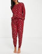 Chelsea Peers Poly Long Sleeve Top And Jogger Pyjama Set In Wine And Gold Foil Celestial Print - Burgundy-red