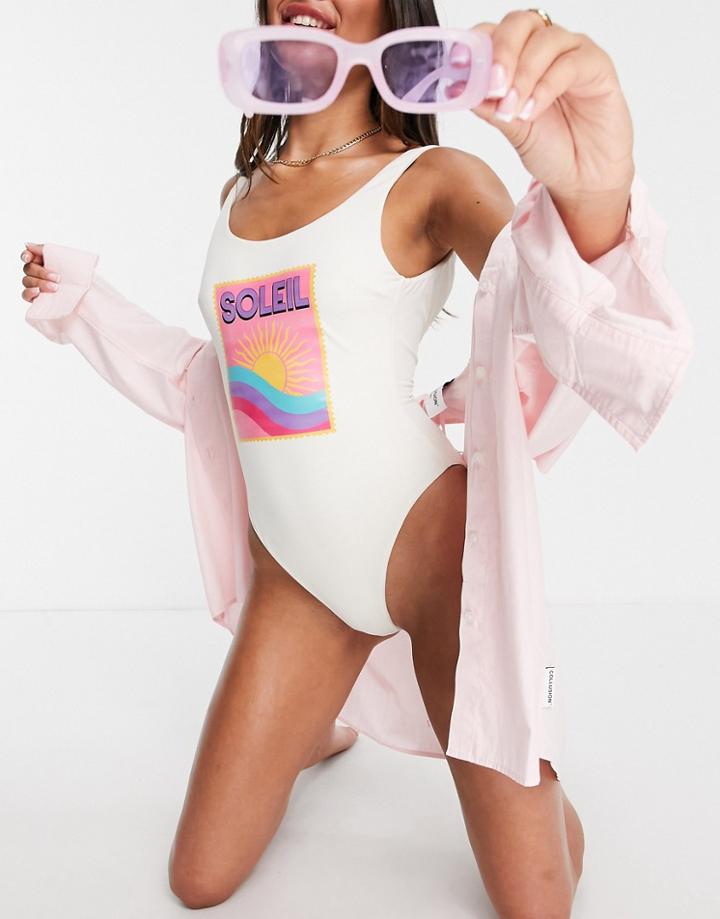Asos Design Scoop Neck Swimsuit With Soleil Print-multi