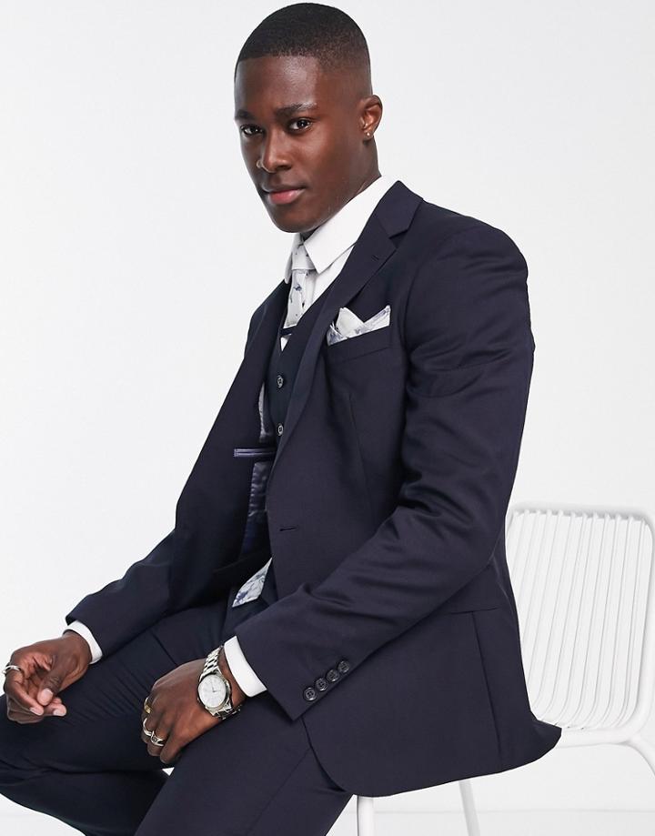 Noak Slim Suit Jacket In Navy Pure Merino Wool Melange