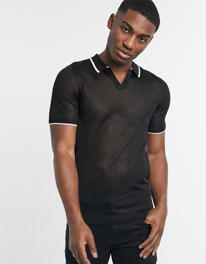 Asos Design Knitted Mesh Camp Collar Polo In Black With White Tipping