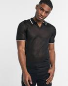 Asos Design Knitted Mesh Camp Collar Polo In Black With White Tipping