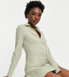 Asos Design Tall Cotton Button Through Mini Shirt Dress With Pleat Hem In Khaki-green
