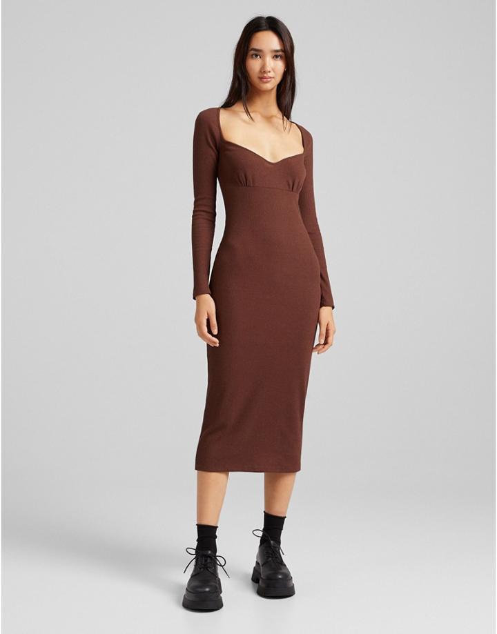 Bershka Square Neck Ribbed Dress In Chocolate Brown
