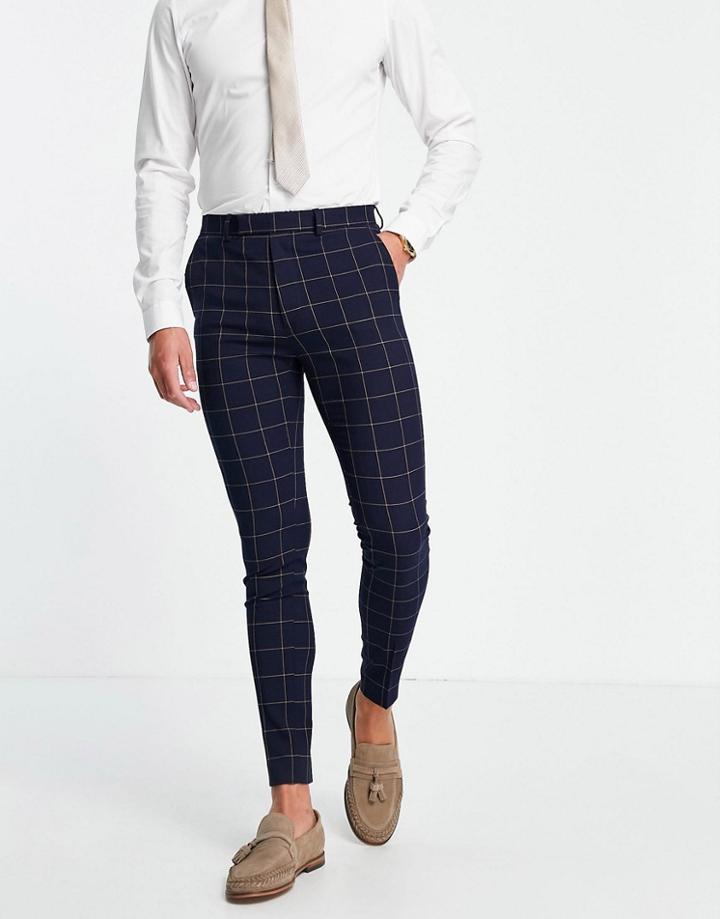 Asos Design Super Skinny Suit Pants With Window Check In Navy