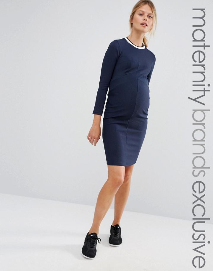 Bluebelle Maternity Paneled Ribbed Bodycon Dress With Contrast Trim - Navy