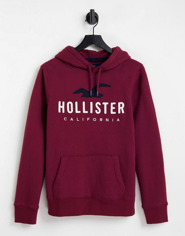 Hollister Hoodie In Burgundy With Chest Logo-red