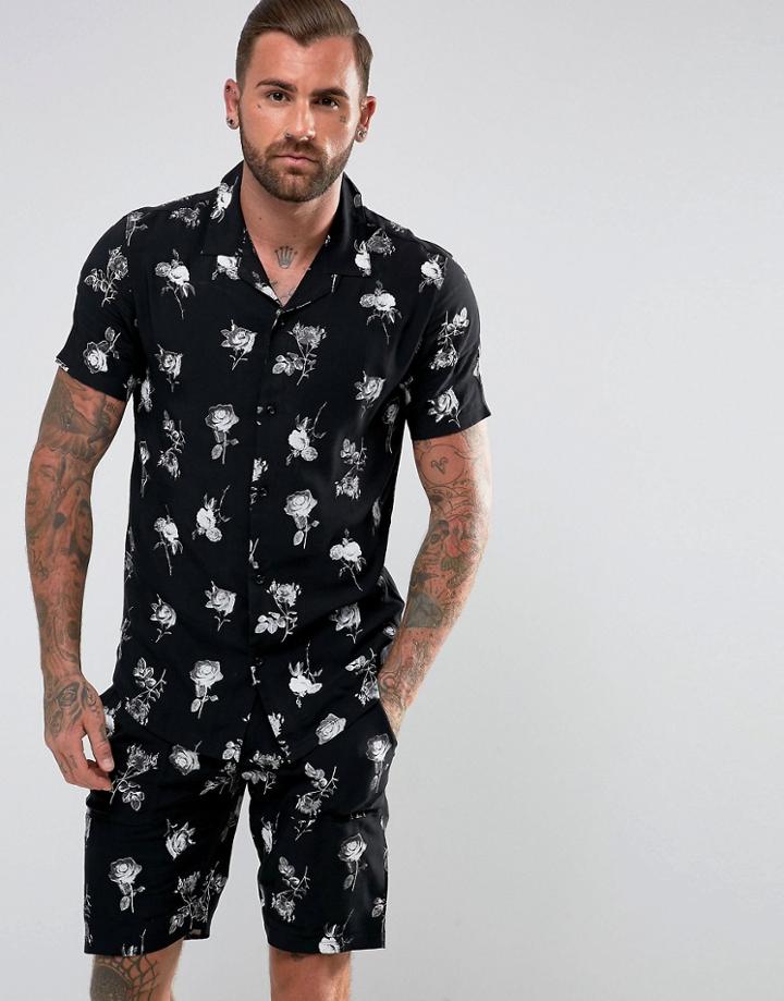 Rose London Shirt In Black Rose Print Reg Fit - Black