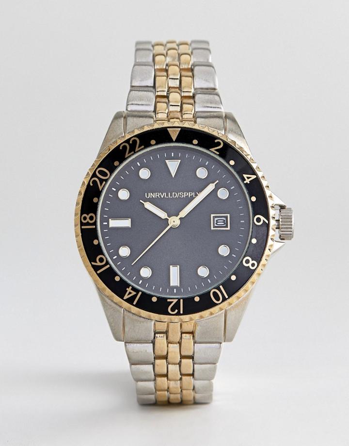 Asos Design Vintage Style Bracelet Watch With Mixed Metals And Date Window - Silver
