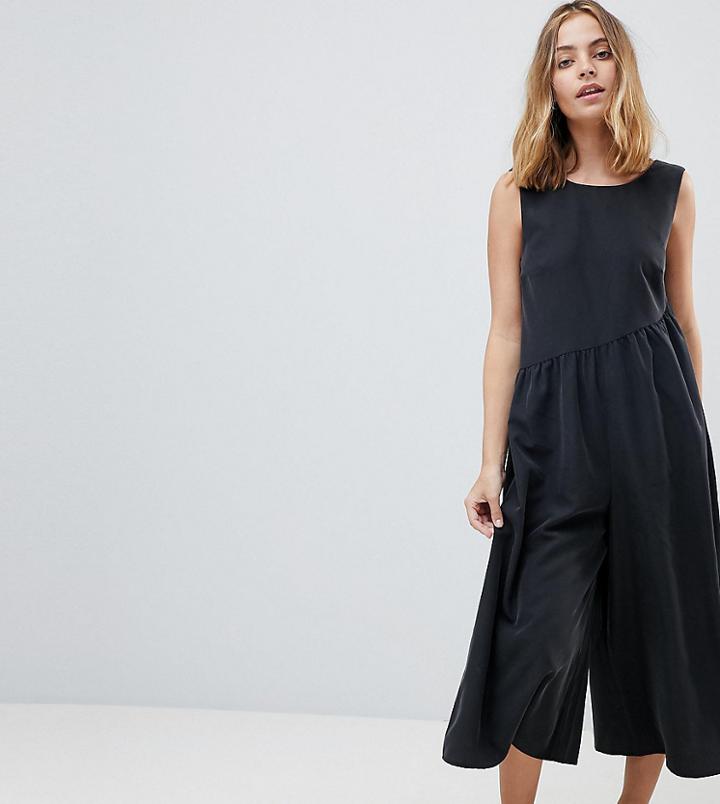 Asos Design Petite Minimal Jumpsuit With Gathered Waist And Wide Leg - Black