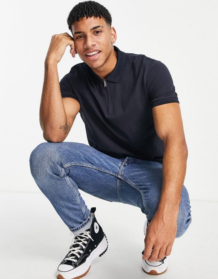 Jack & Jones Premium Zip Polo With Rib Collar In Navy