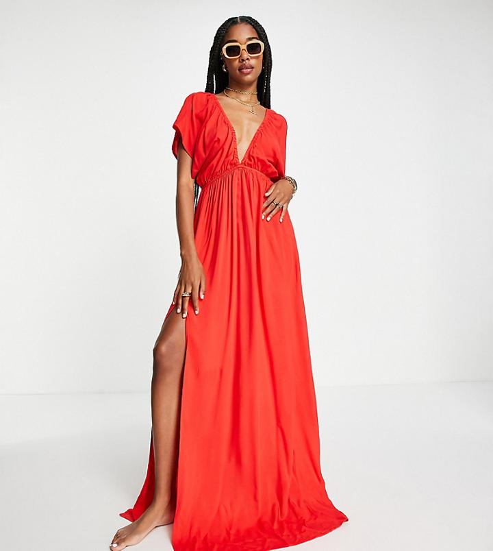 Asos Design Tall Flutter Sleeve Maxi Beach Dress In Red - Red
