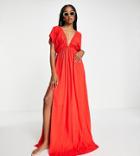 Asos Design Tall Flutter Sleeve Maxi Beach Dress In Red - Red