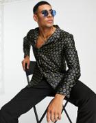 New Look Long Sleeve Satin Shirt With Revere Collar & Print In Black