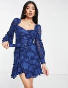 Asos Design Floral Jacquard Mini Dress With Ruffle Detail And Belt In Blue