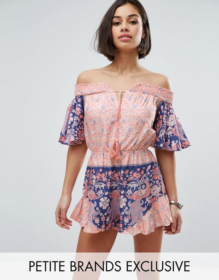 Sisters Of The Tribe Petite Bardot Printed Romper With Tie Front Detail - Multi