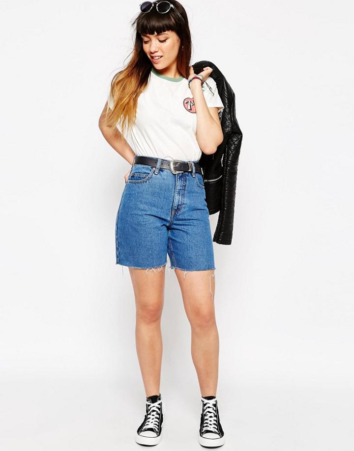 Asos Ashley Longline Denim Shorts In Mighty Mid Wash - Mighty Mid Wash