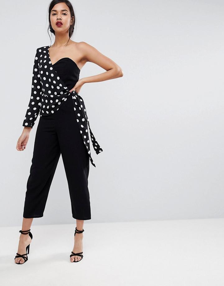 Asos One Shoulder Jumpsuit With Spot And Print Overlay - Black
