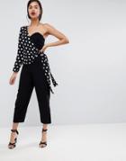 Asos One Shoulder Jumpsuit With Spot And Print Overlay - Black