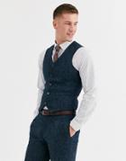 Asos Design Slim Suit Suit Vest In 100% Wool Harris Tweed In Blue Herringbone