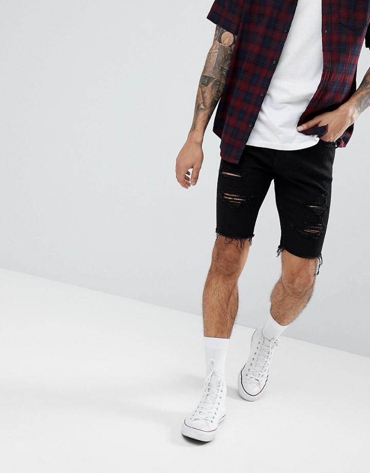 Hollister Superskinny Destroyed Denim Shorts In Black Wash - Black