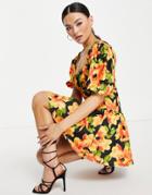 Asos Design Ruched Bust Flippy Mini Dress In Orange Floral Print-multi